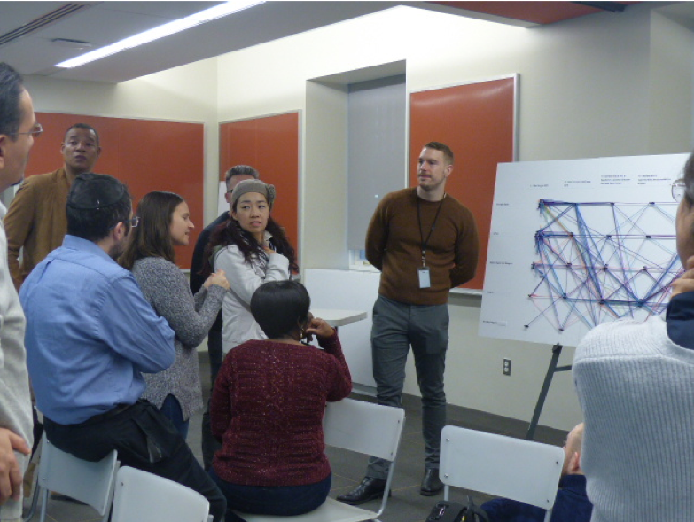 Les enseignants discutent d'une visualisation des données qui utilise des brins de fil pour tracer leurs réponses aux questions sur leurs attitudes envers le présent et l'avenir de New York