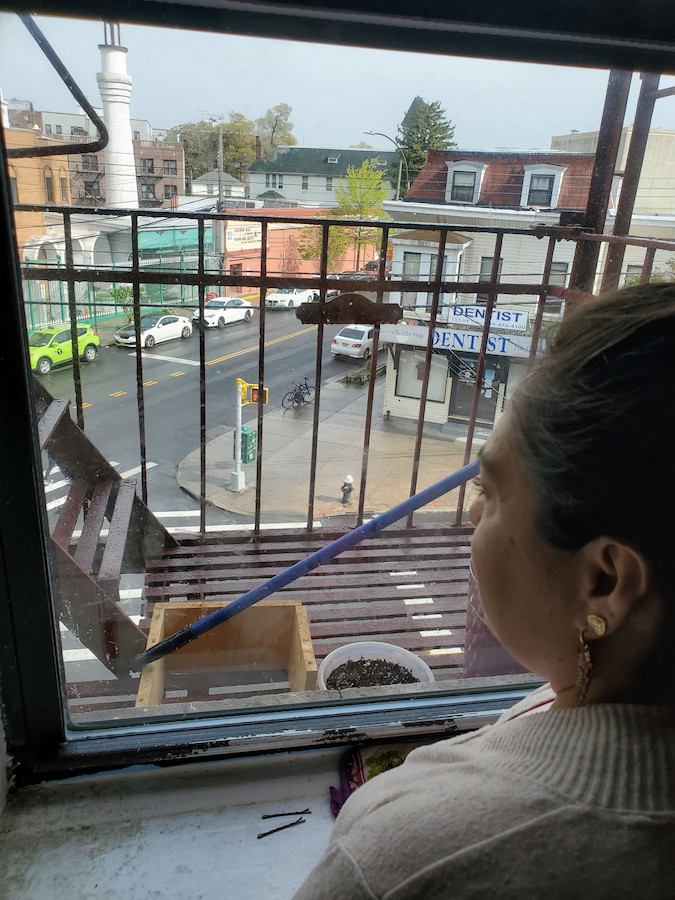 A woman looks out her window onto a fire escape and the street below.