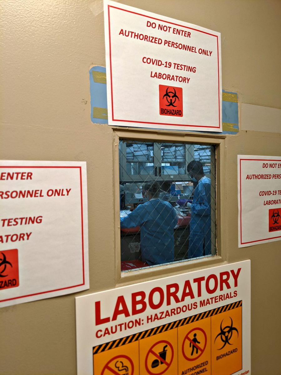 Door to a laboratory with hazard signs around the window. Through the window you can see two doctors working.