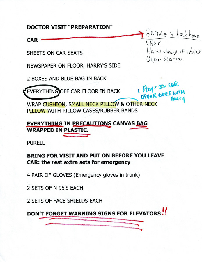 Written instructions for a doctor's visit during the COVID-19 pandemic.