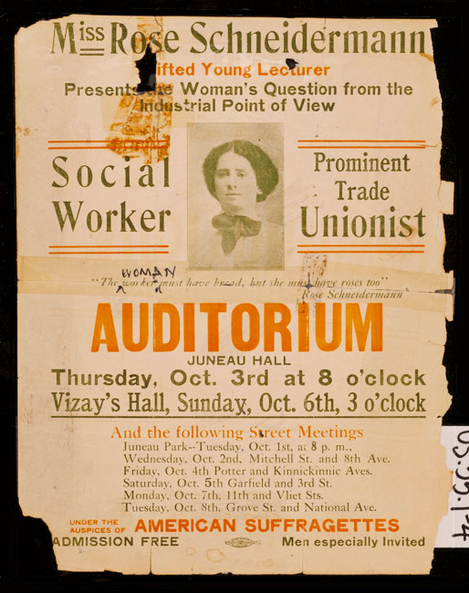 Un dépliant fait la promotion d'une conférence de 1912 de l'activiste et suffragiste syndicale Rose Schneiderman.