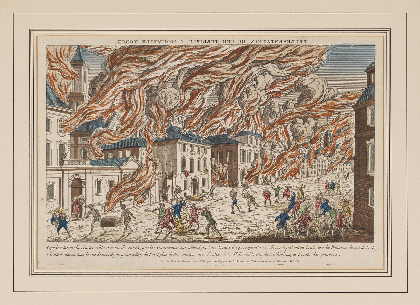 An engraving from 1776 depicting a fire in New York