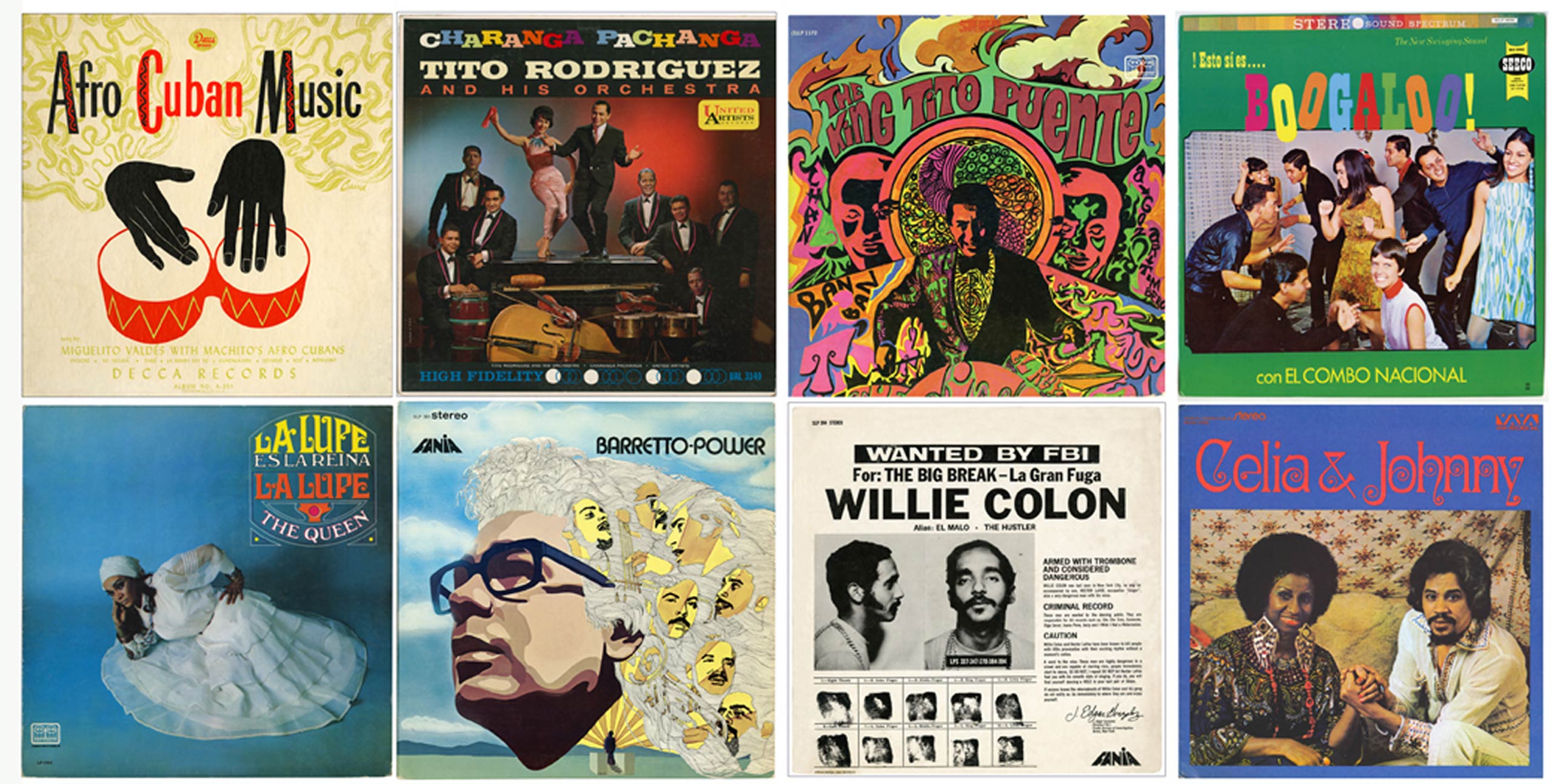 As capas de oito álbuns populares de música salsa dispostas em uma grade