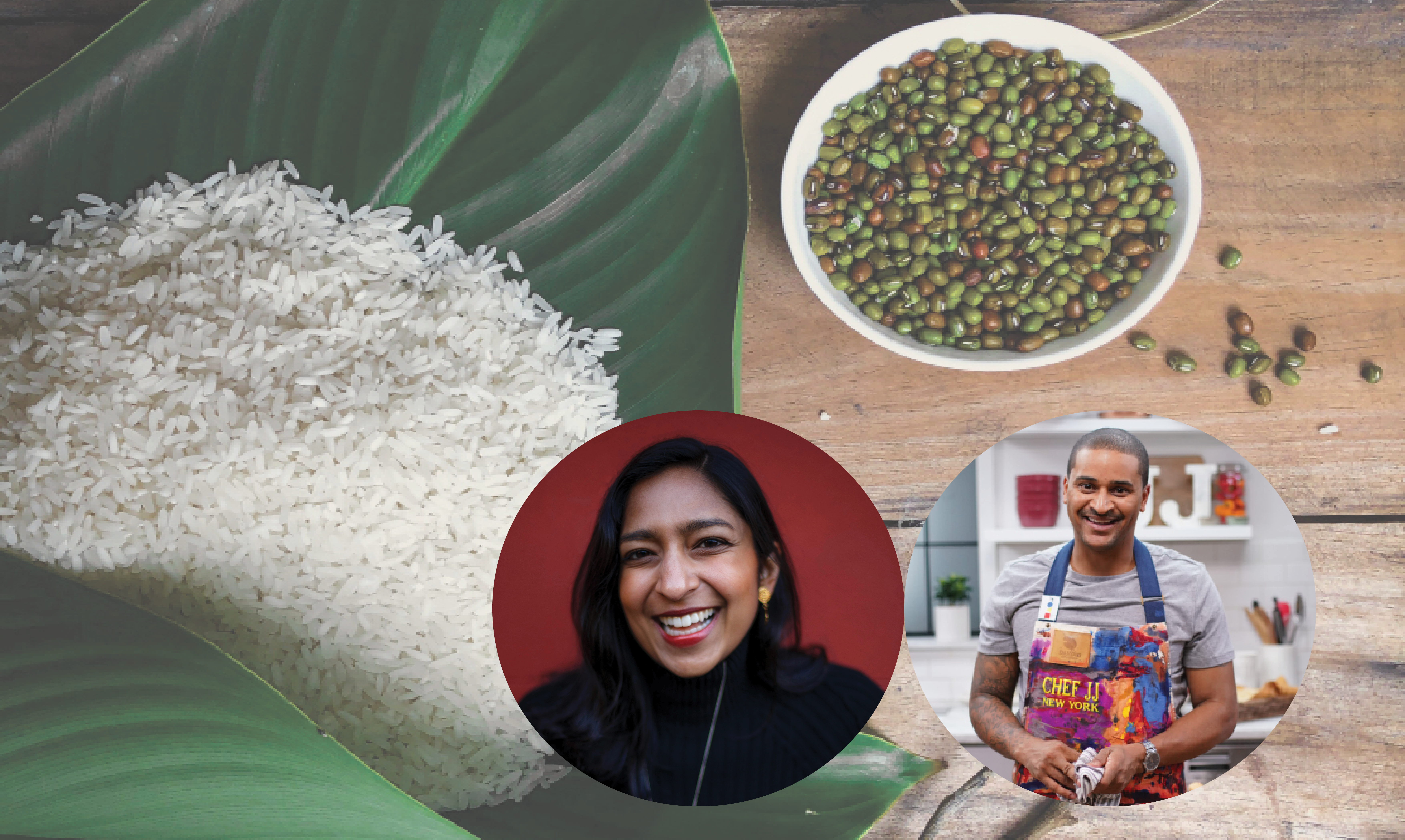 A pile of uncooked white rice on top of a green leaf. To the right is a bowl of uncooked beans. On the lower right corner is a headshot of Chef JJ Johnson and Priya Krishna
