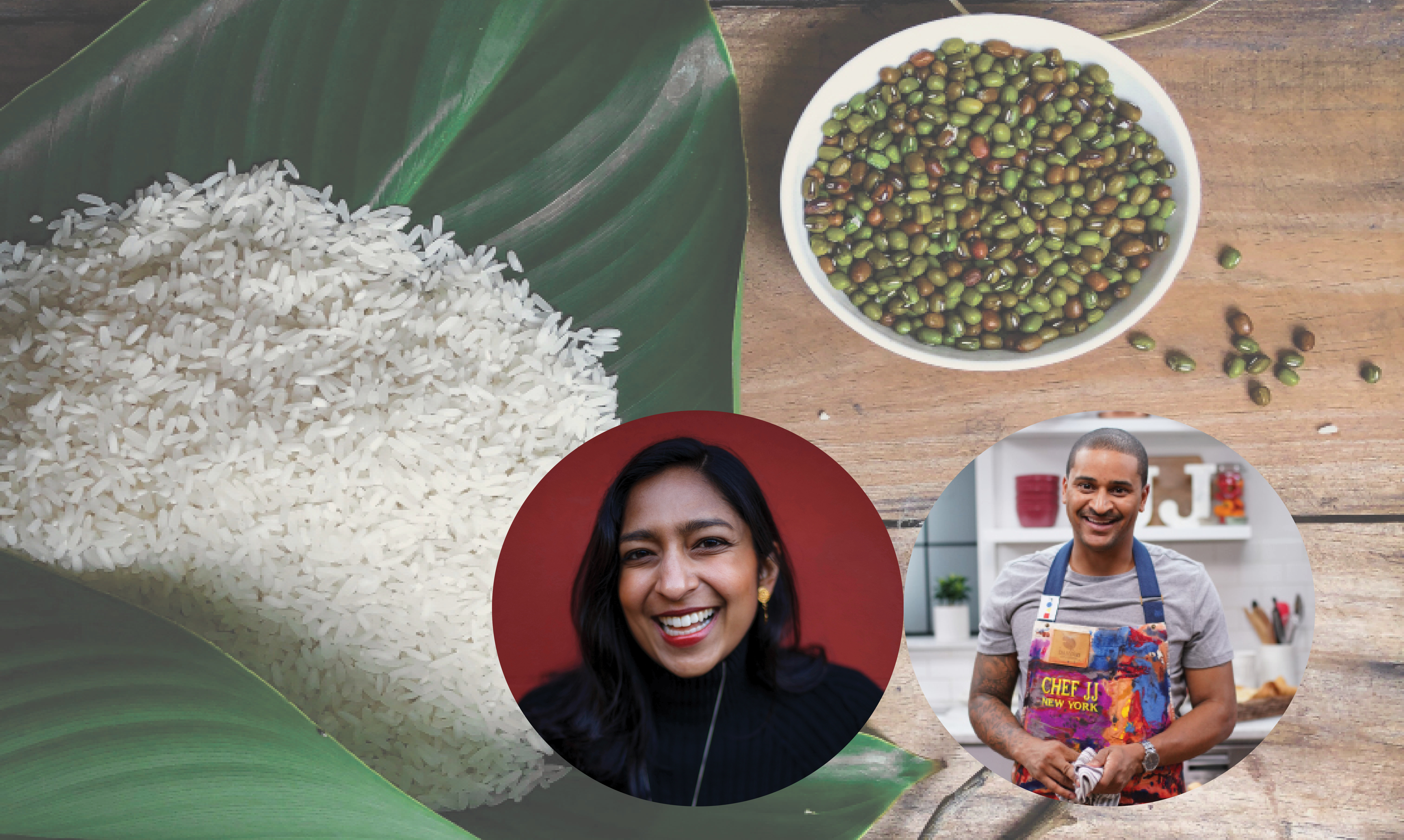 Un tas de riz blanc non cuit sur une feuille verte. À droite se trouve un bol de haricots crus. Dans le coin inférieur droit se trouve une photo du chef JJ Johnson et de Priya Krishna