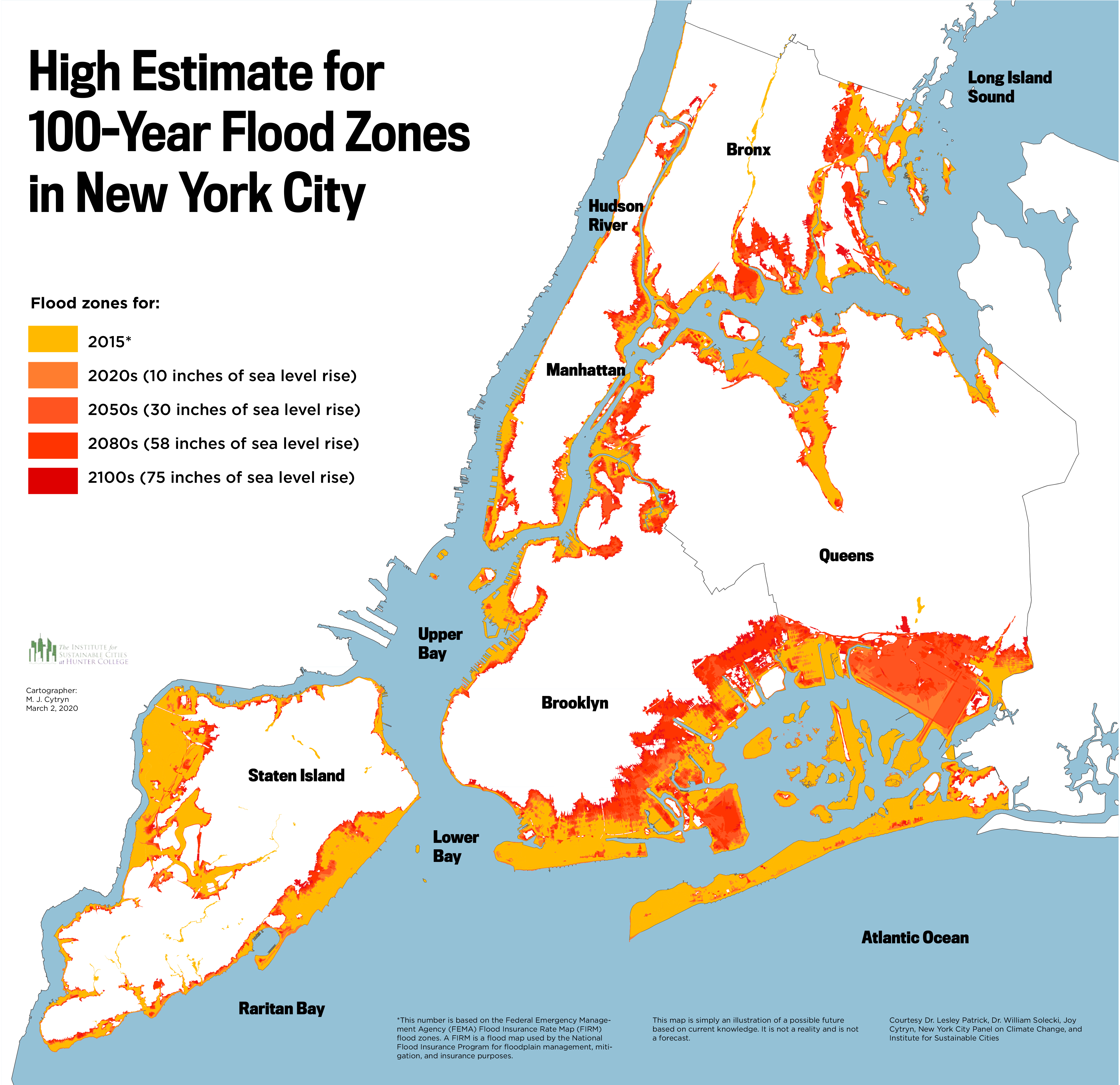 Map showing High Estimate for 100-Year Flood Zones in New York City