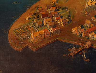Bird's eyeview of New Amsterdam including the harbor, docks with sailboats, and houses with gardens.