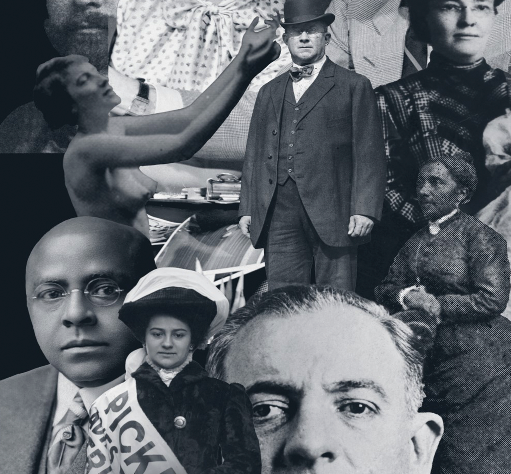 "The New Yorkers" book cover by Sam Roberts. Collage of different important New York figures in black and white