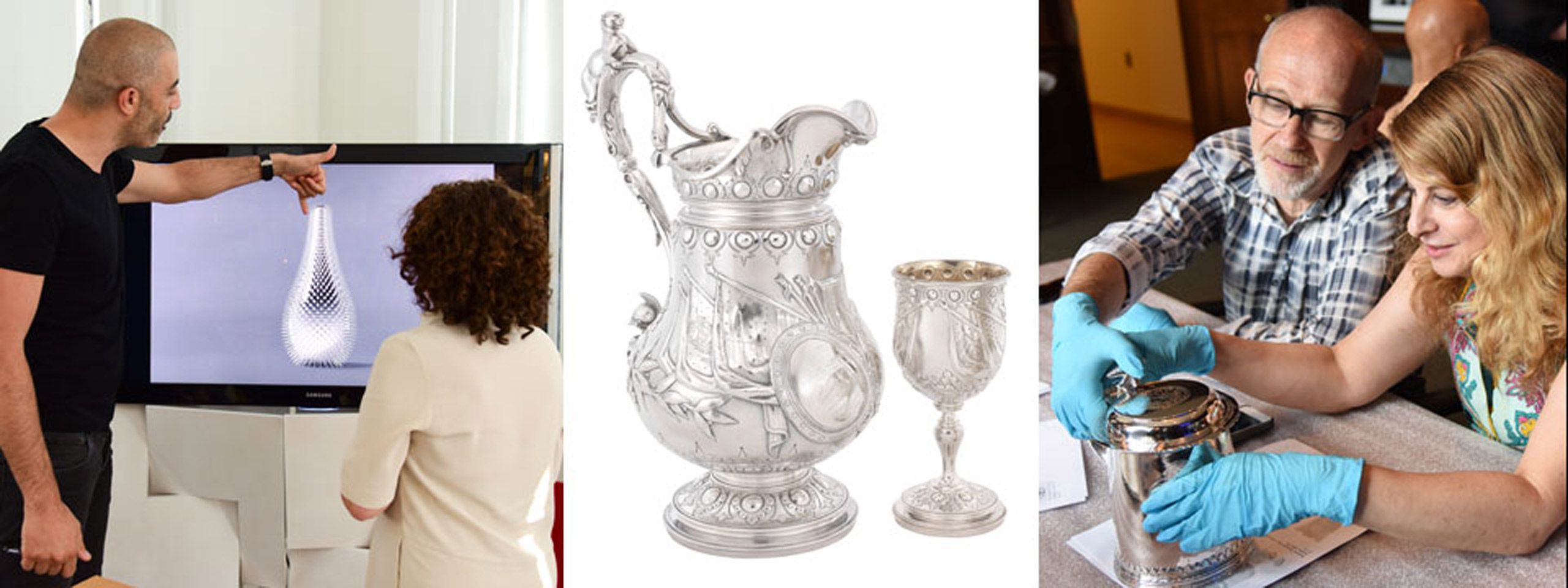 A man points out details on a silver vase; an elaborate silver pitcher and goblet; two people examine a silver object