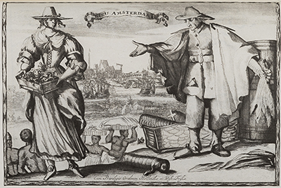 Image print of colonial man and woman standing in the foreground below the "Nieu Amsterdam" banner, with the New Amsterdam colony being built in the background and laborers, possibly enslaved.