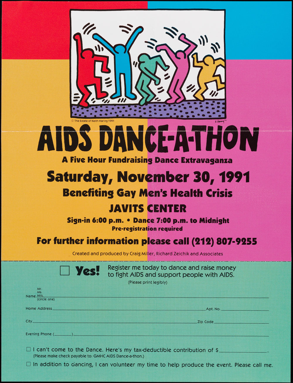 Folheto anunciando um “AIDS Dance-A-thon” em novembro de 1991. O pôster é colorido e inclui um formulário de inscrição