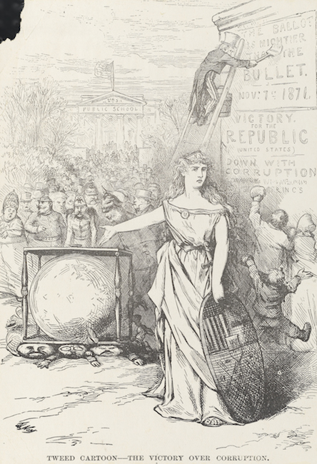 Drawing of a woman in classical dress standing in front of and pointing to a large ballot box.