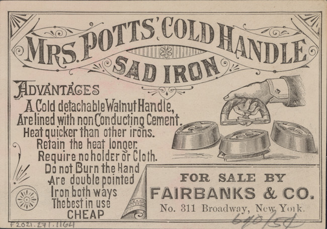 Verso de la carte commerciale pour le fer triste à poignée froide de Mme Potts