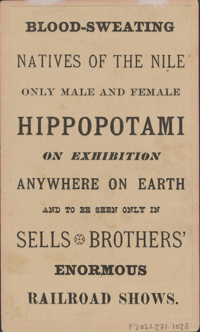 Reverse of a trade card for Sells Brothers Enormous Rail Road Shows. 