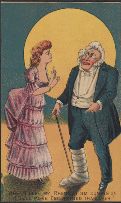 Trade card for the play "Skipped by the Light of the Moon." Front of card shows drawing of a man and a woman against a full moon. Both are in 19th century dress, the man has a cast on one leg and carries a cane. 