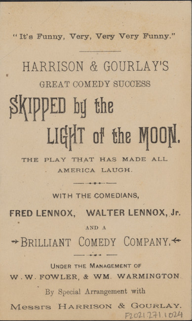 Reverse of a trade card for the play "Skipped by the Light of the Moon."