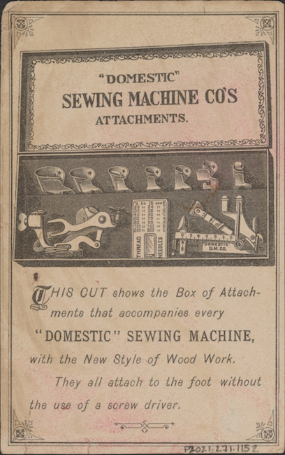Reverso de una tarjeta comercial de Domestic Sewing Machine Co.