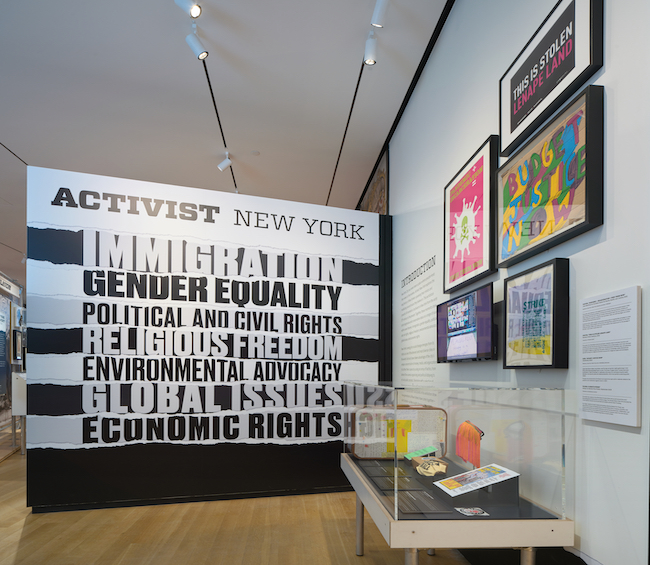 Installation view the exhibition "Activist New York" that shows the current (2022) opening wall display.