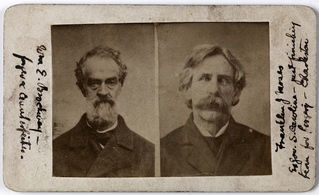 左右に古着姿の男性二人の肖像画が入ったインデックスカード。 手書きの説明が端に表示されます。