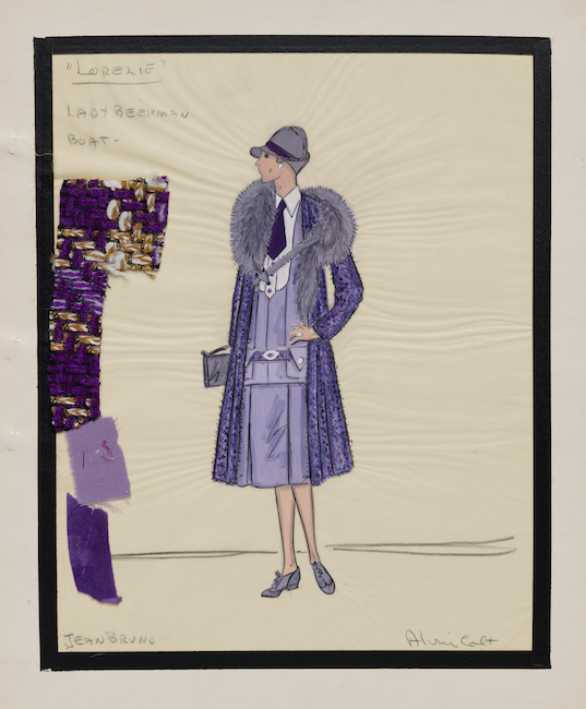 Sketch of a woman dressed in purple. She is wearing purple shoes, a purple dress, a purple jacket lined with purple fur around the neck, and a purple hat and tie. Three differently colored and patterned swatches are alongside the sketch.