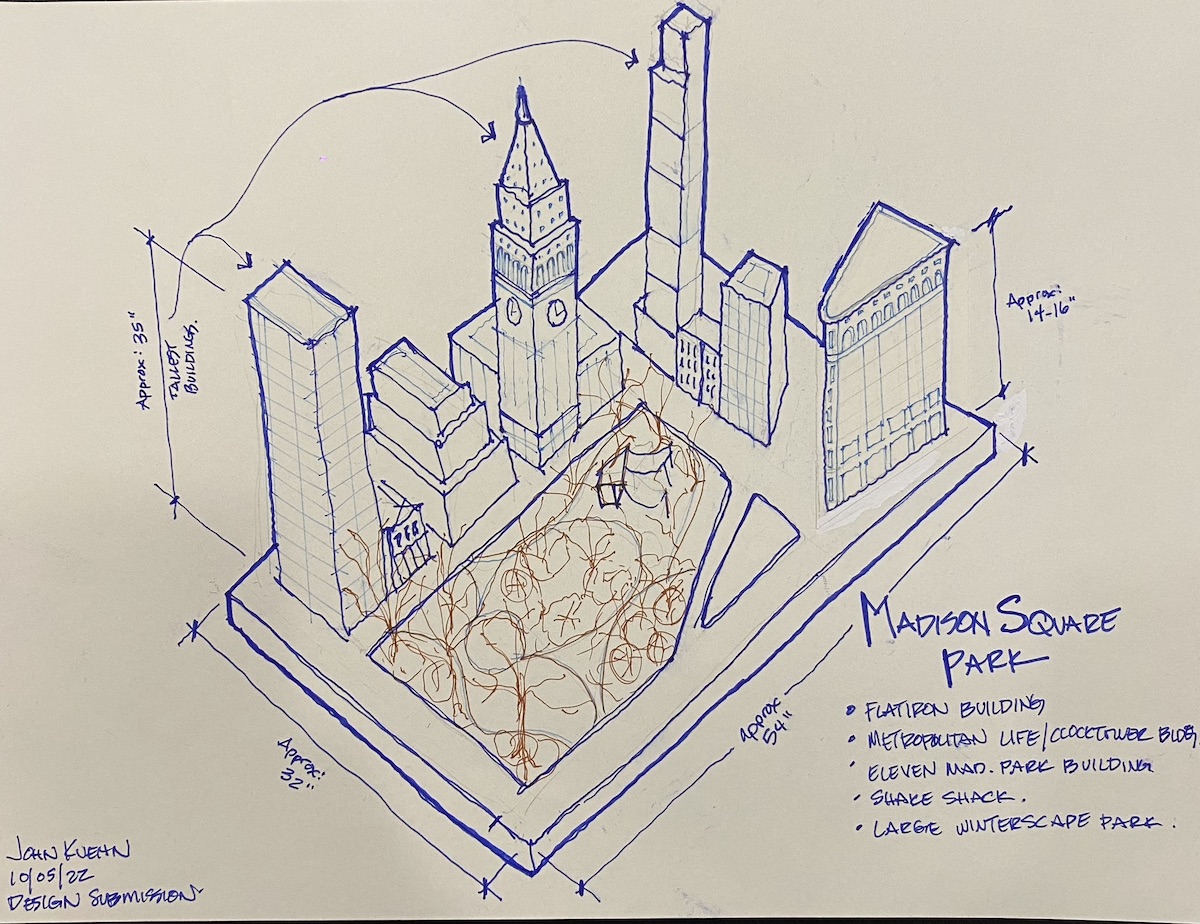 Boceto de diseño que muestra los planos a escala de una exhibición de pan de jengibre del Madison Square Park.