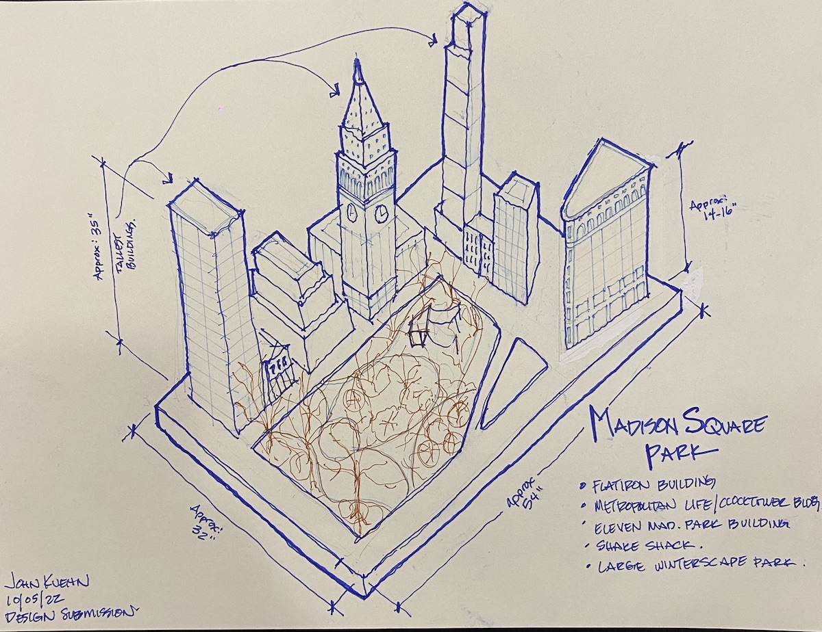 Croquis de conception montrant les plans à l'échelle d'une exposition en pain d'épice du Madison Square Park.