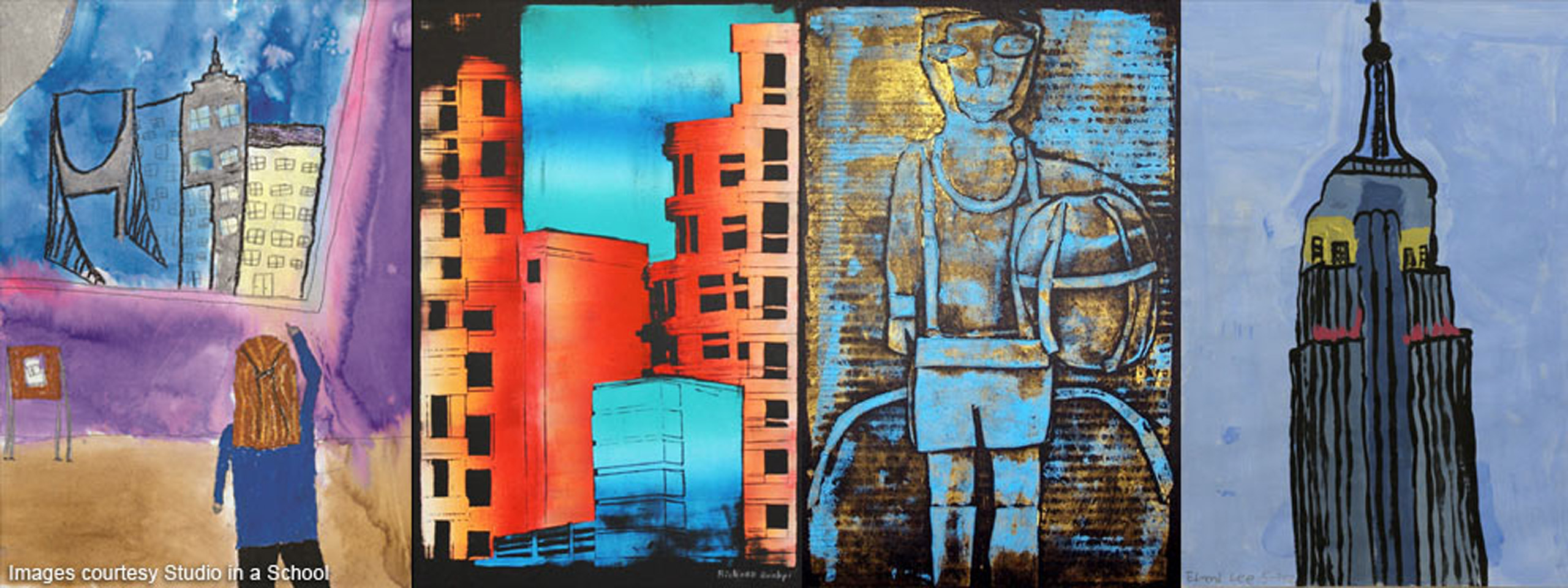 Four paintings done by students in NYC. Paintings are of landmarks, buildings, and everyday life in the city