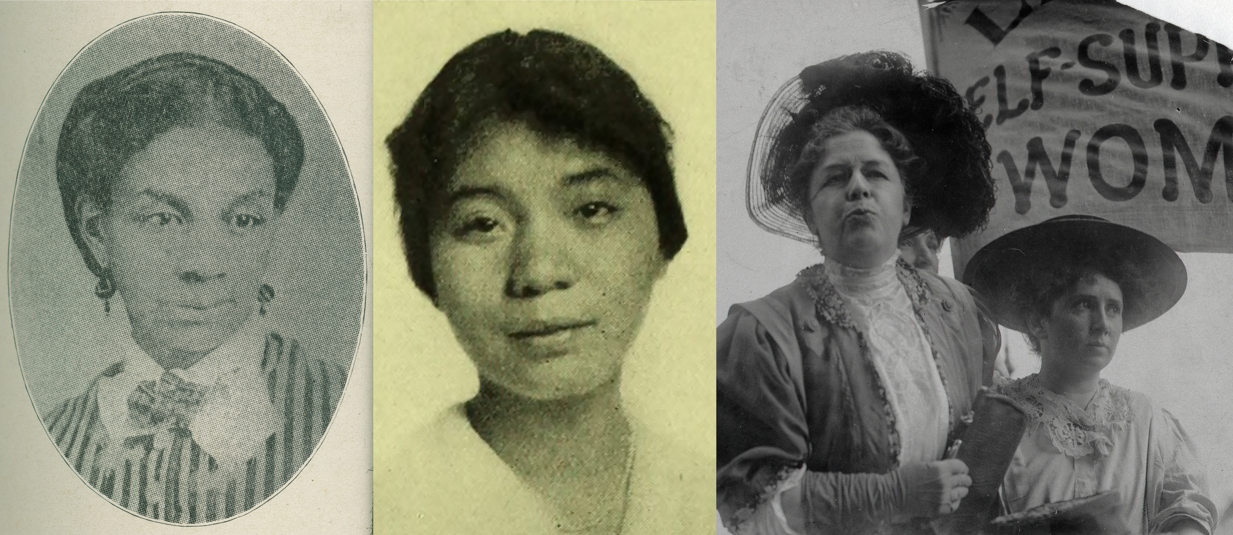 横幅图像，上面有Sarah JS Tompkins Garnet和Mabel Lee的肖像，还有Harriot Stanton Blatch和Rose Schneiderman的图像