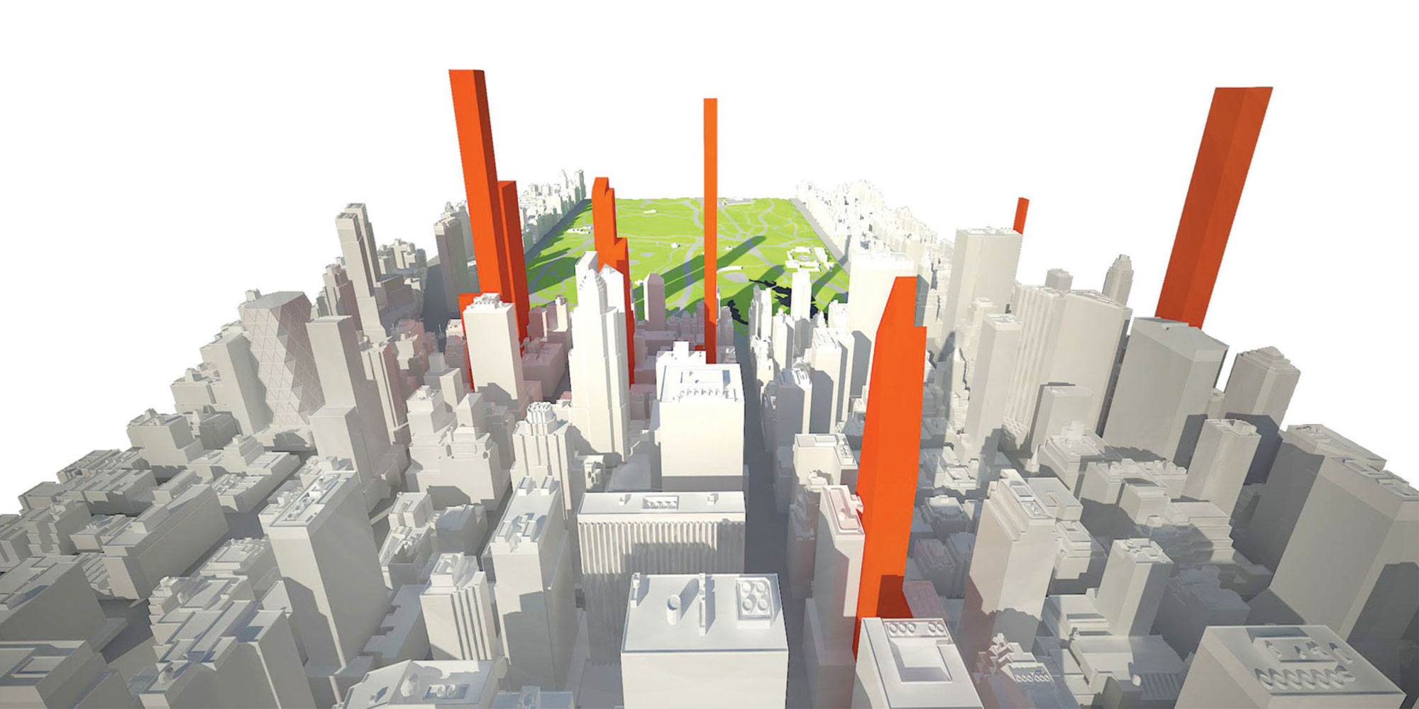 Uma imagem gerada por computador de Nova York olhando para o norte em direção ao Central Park. Alguns edifícios são de cor vermelha, o restante é branco