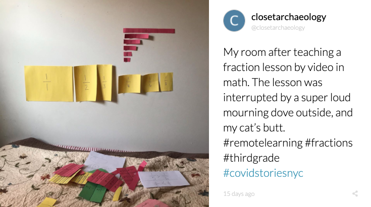 Photographie publiée sur Instagram montrant la chambre d'un enseignant après avoir enseigné une leçon virtuelle sur les fractions.