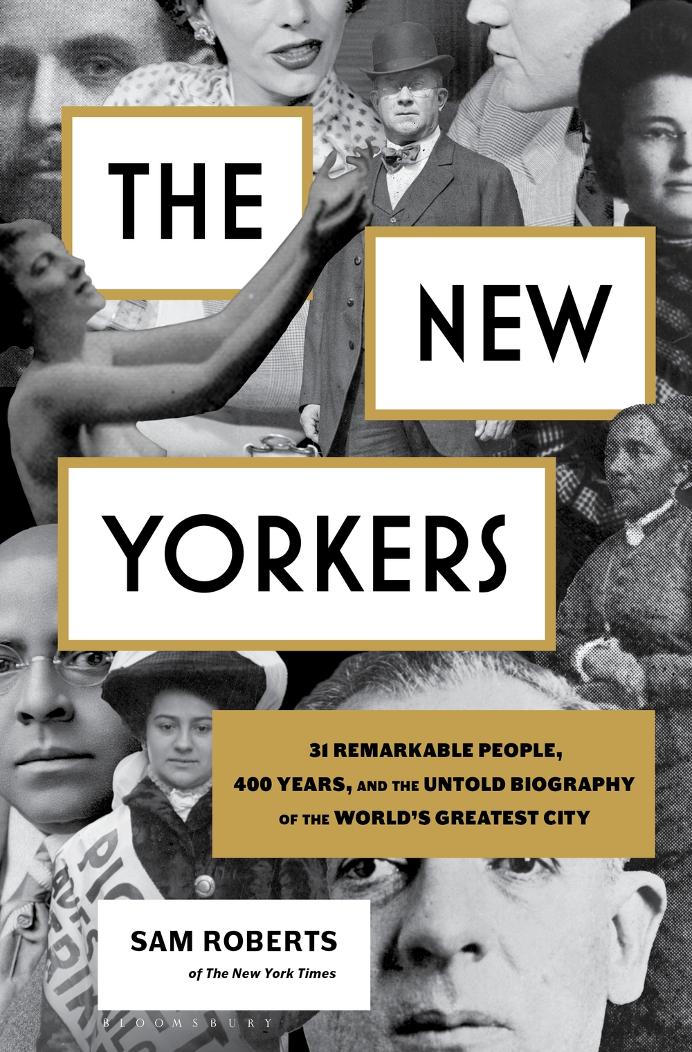 サム・ロバーツによる「ザ・ニューヨーカーズ」ブックカバー。 黒と白のさまざまな重要なニューヨークの人物のコラージュ