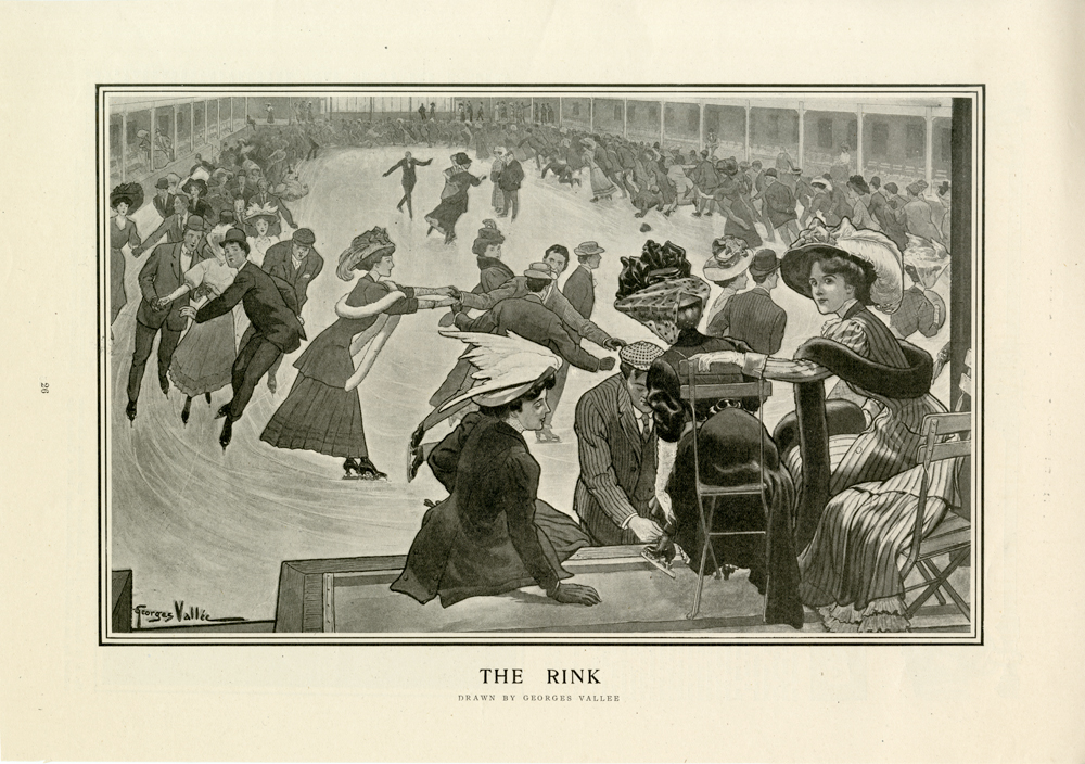 A drawing of a group of people at an indoor ice skating rink.