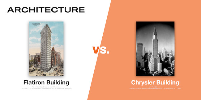 Images du Flatiron Building et du Chrysler Building, deux des huit candidats au MCNY Madness Challenge, mars 2020