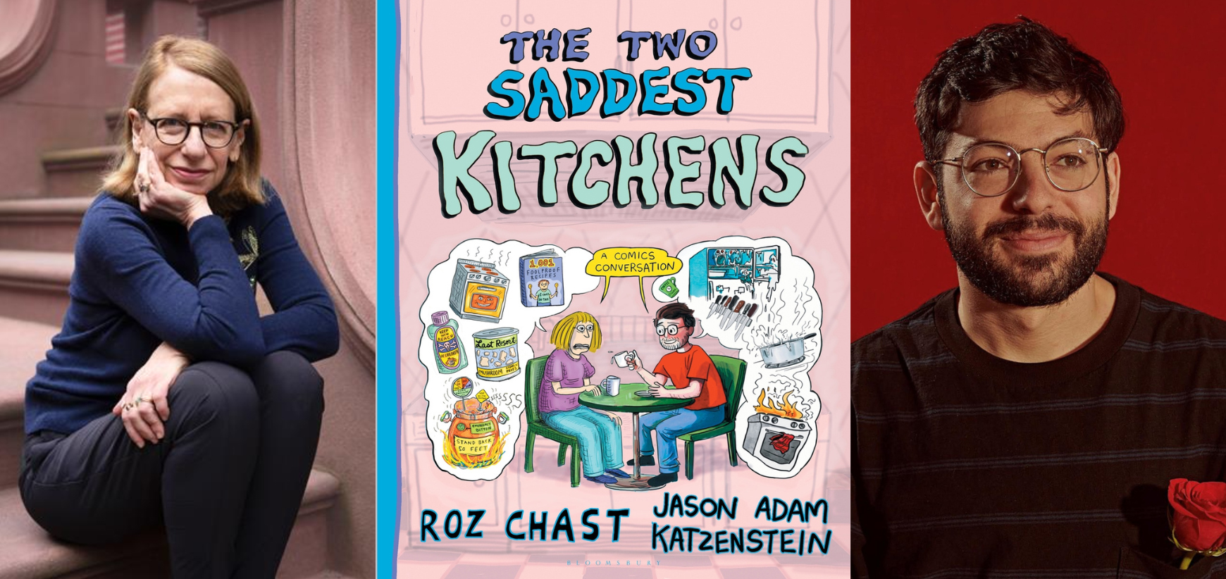 A portrait of each author alongside the cover of the book, The Two Saddest Kitchens