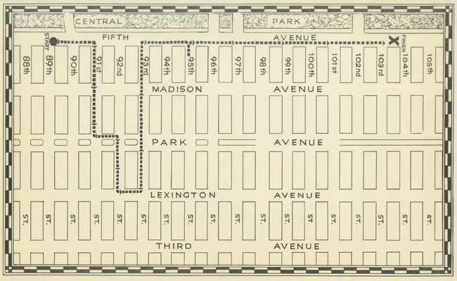 5 번가에서 3 번가, 88 번가에서 105 번가까지 NYC 블록을 보여주는지도. 윌리엄 스타 거주지에서 뉴욕시 박물관까지 도보 여행 경로 표시