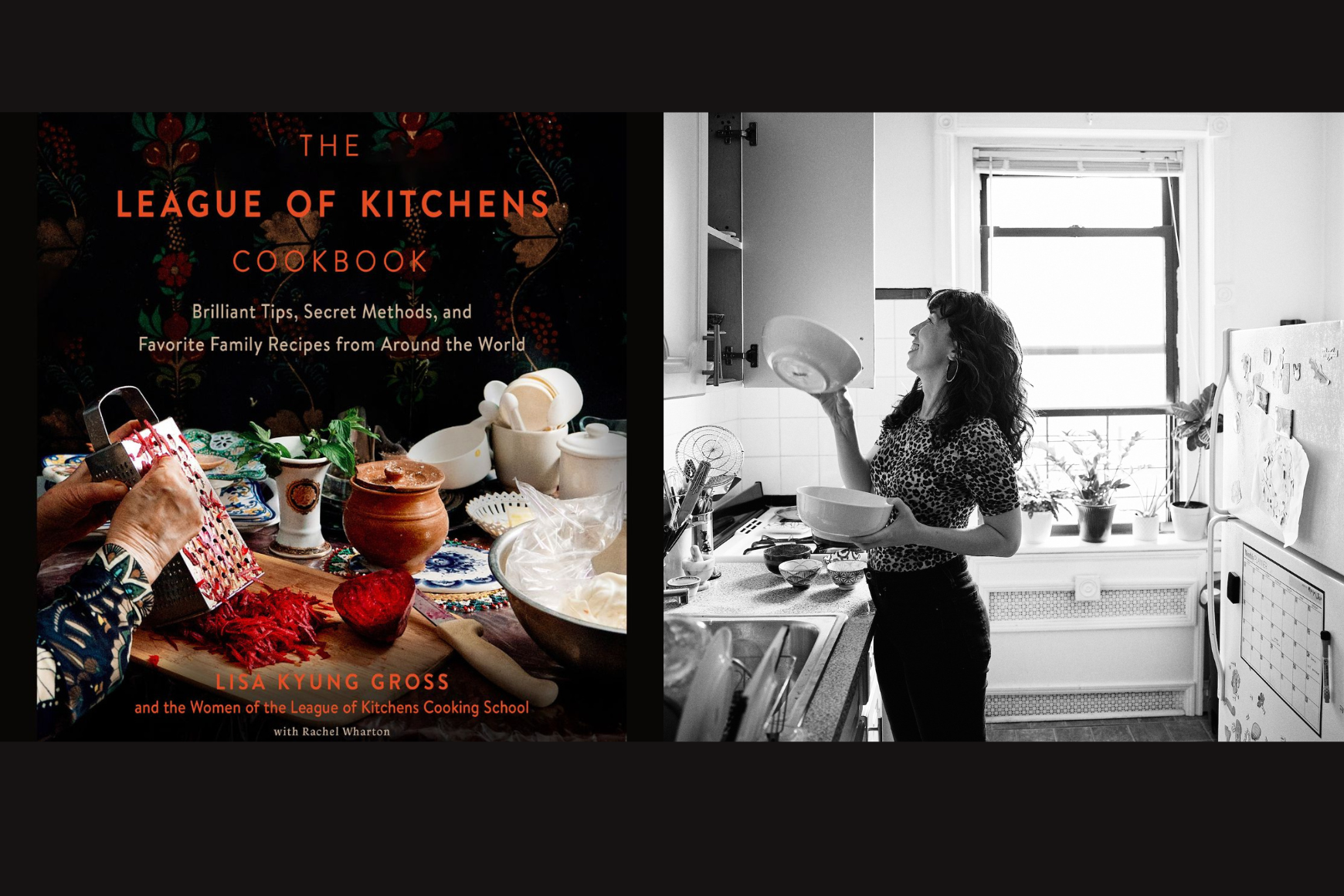 Lisa Kyung Gross가 쓴 The League of Kitchens 요리책 표지에는 나무판 위에서 붉은 야채를 갈아내는 손이 등장하며, 주변에는 생동감 넘치는 접시와 주방용품이 놓여 있습니다. 오른쪽에는 Lisa Kyung Gross의 이미지가 있습니다.
