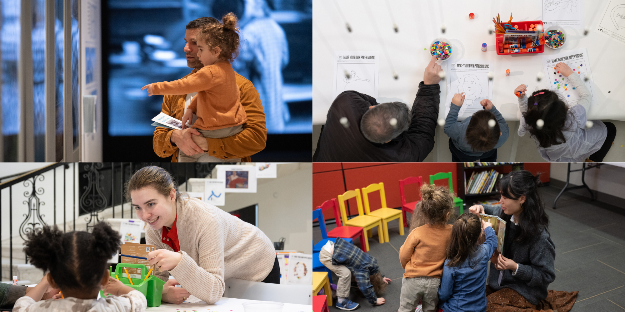 Collage de fotos: [Abajo a la derecha] Un hombre sostiene a un niño pequeño mientras mira pinturas. [Abajo a la izquierda] Una mujer le sonríe a un niño pequeño que hace arte. Arriba a la derecha] Un hombre y dos niños pequeños dibujan en una mesa. [Abajo a la derecha] Un adulto lee un libro a un grupo de niños pequeños. [