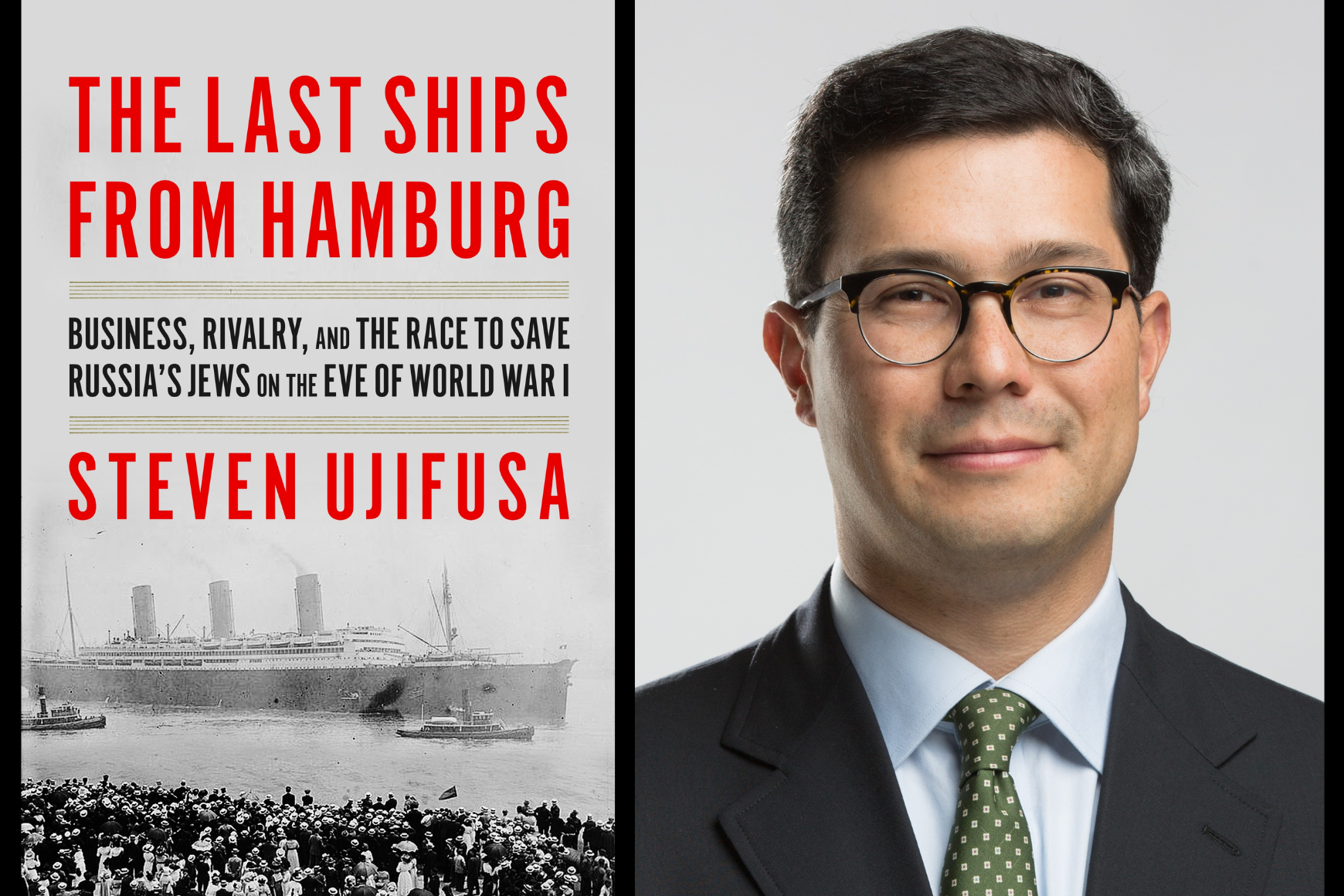 第一次世界大戦に関する本の表紙と、スーツを着た男性の写真