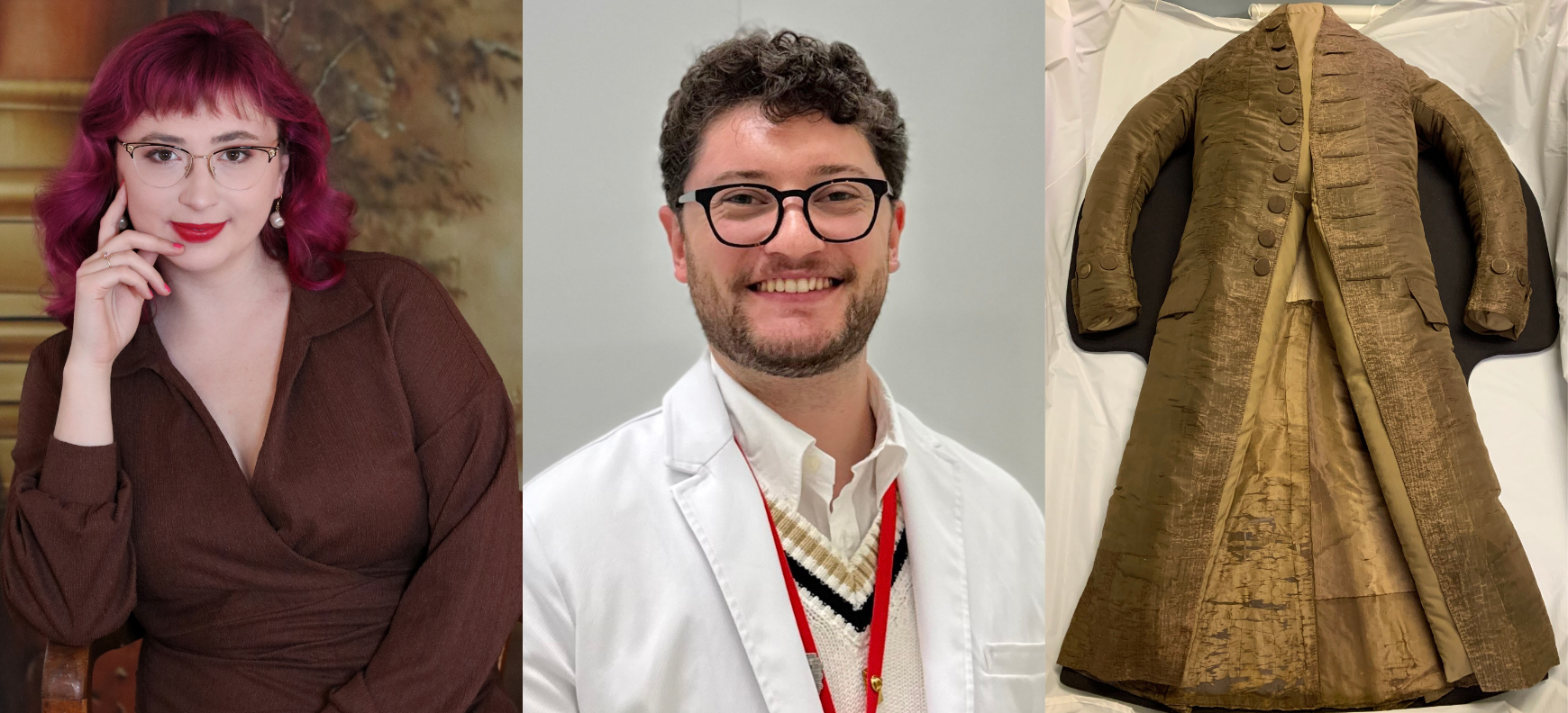 조지 워싱턴의 전통 의상 옆에서 미소 짓는 두 사람