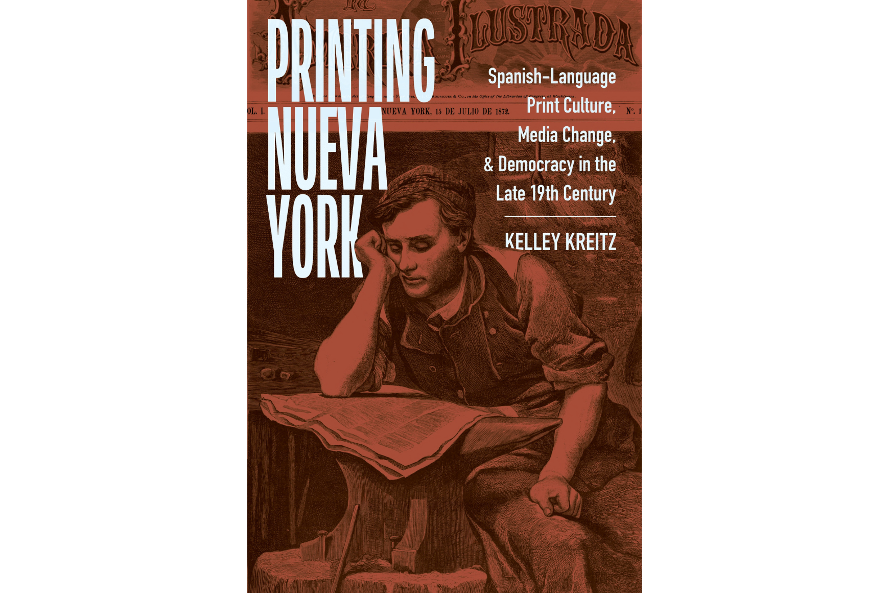 一本书的封面上画着一个男人坐着，旁边写着“纽约印刷”。