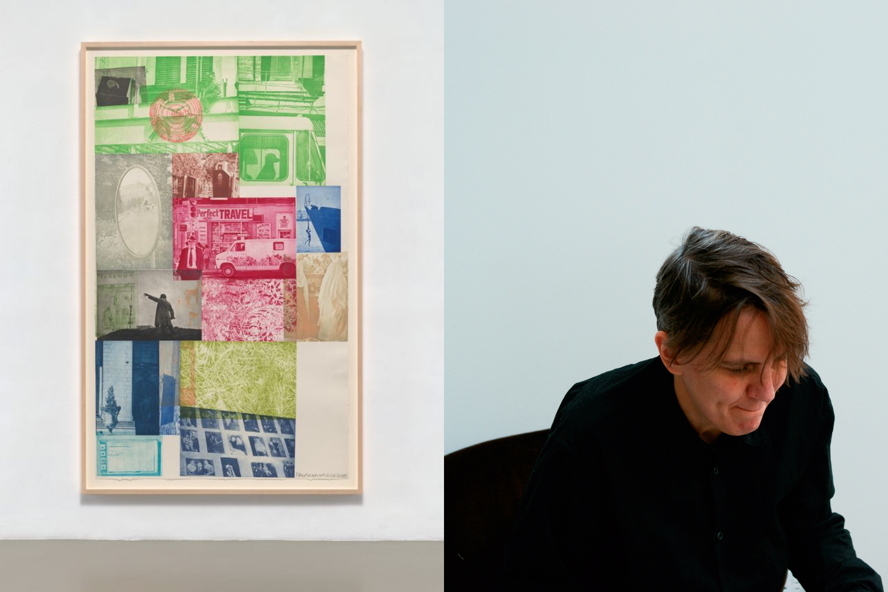 Colagem colorida de pôsteres ao lado da foto de uma pessoa vestida de preto sentada em uma cadeira.