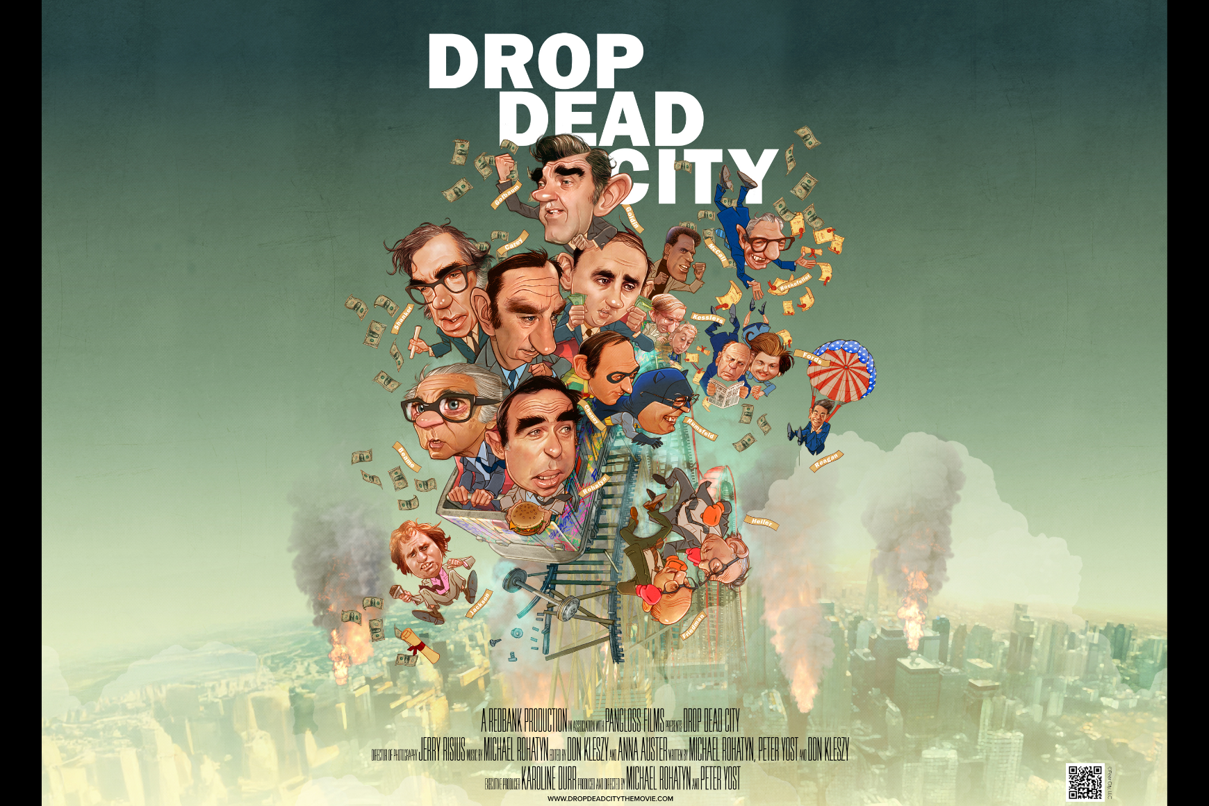 Cartel de la película 'Drop Dead City' que muestra figuras caricaturizadas que caen de una escalera rota con dinero flotando contra un paisaje urbano de fondo.