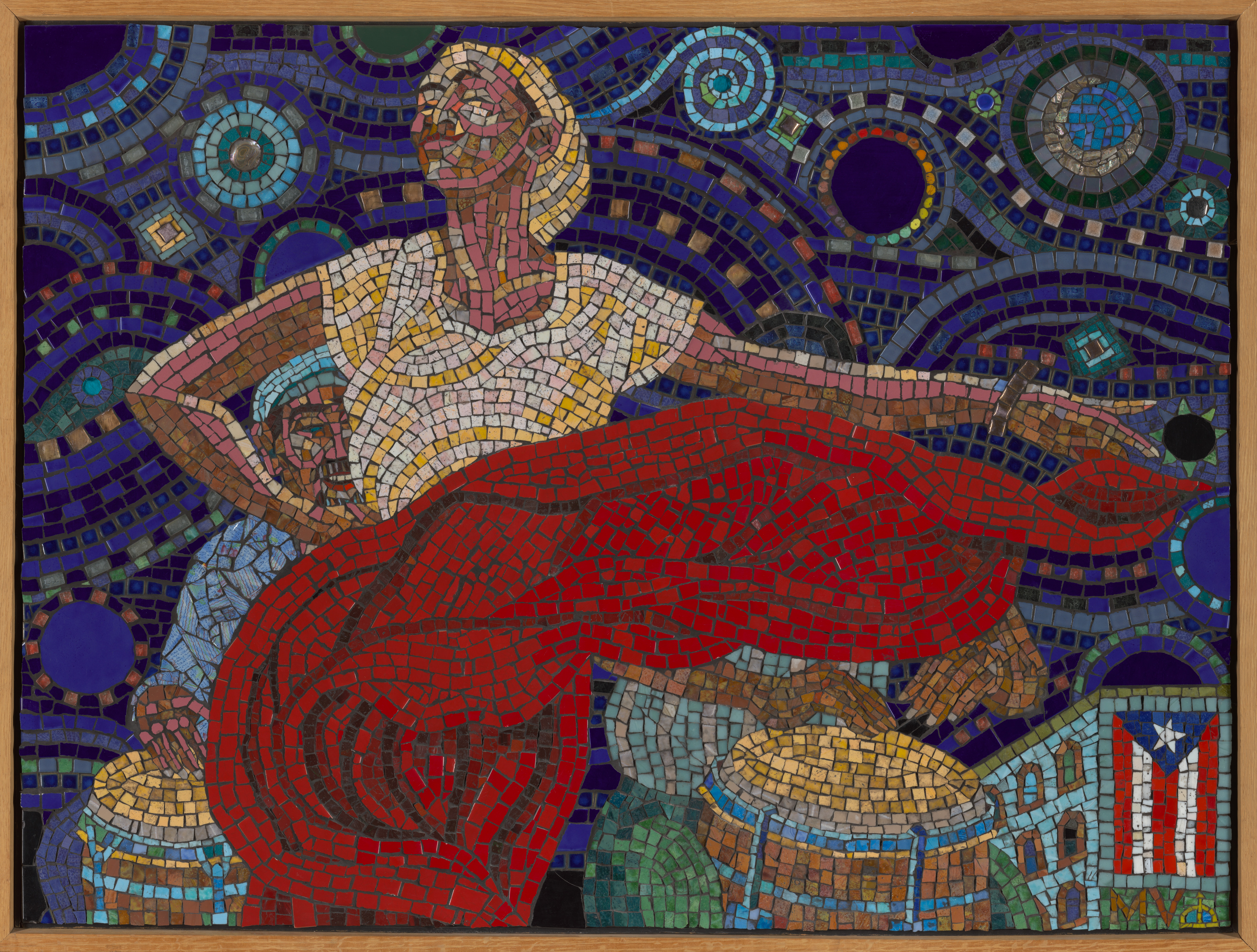 Une mosaïque représentant une femme tenant sa jupe rouge.