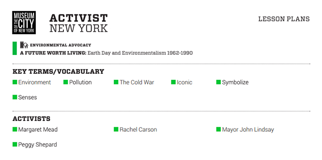 Vocabulary List from an MCNY Lesson Plan