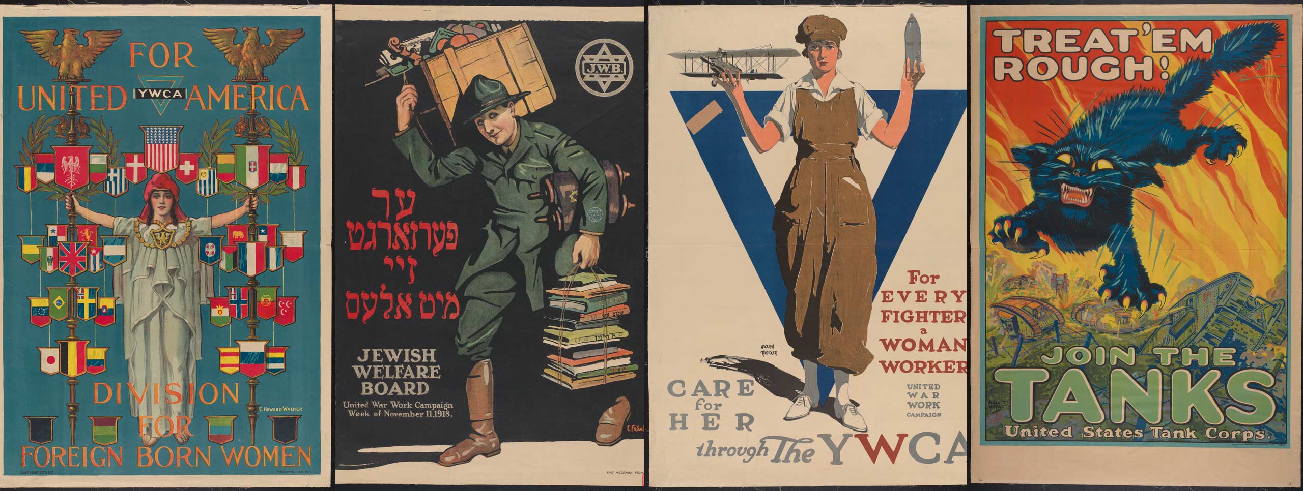 Four WWI posters that encourage different groups to participate in the war effort through working, enlistment, and more