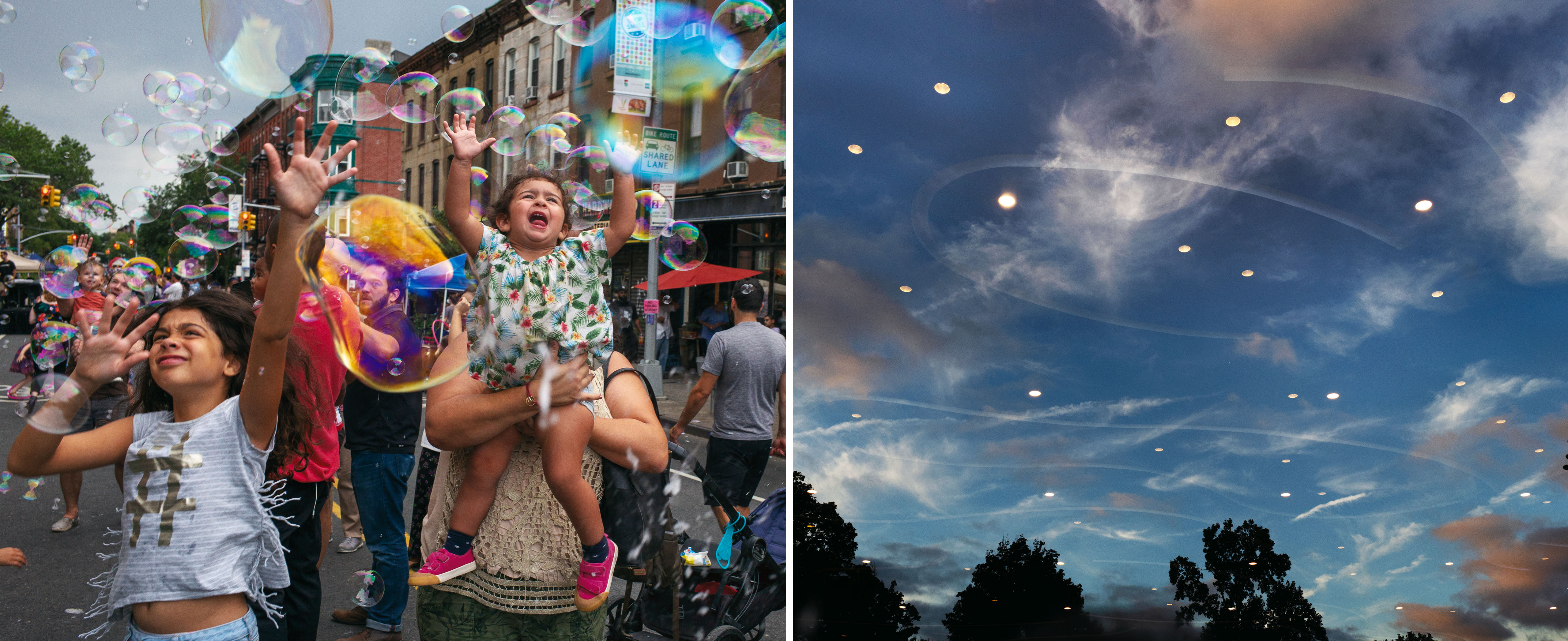 À esquerda, membros da comunidade Park Slope na rua brincando com bolhas. À direita, o céu noturno no Prospect Park com reflexos das luzes de baixo.