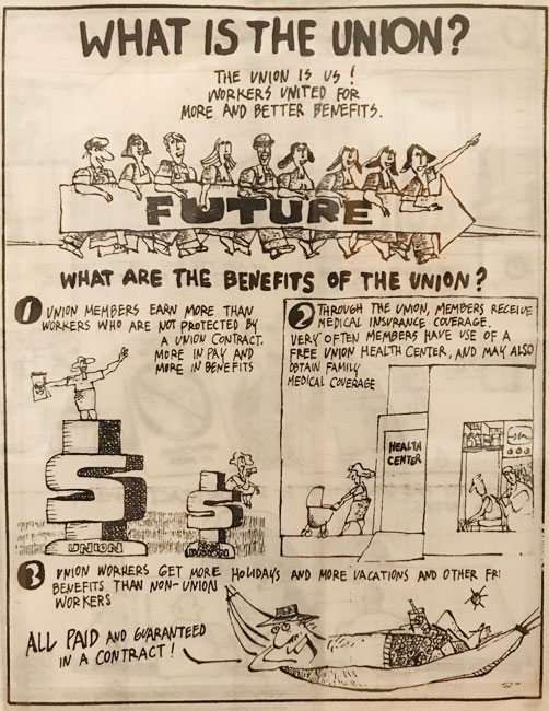 Como panfleto do início dos anos 1990, o Local 23-25 ​​do Sindicato Internacional das Senhoras do Vestuário para Senhoras (ILGWU) promove os benefícios da associação ao sindicato em inglês.