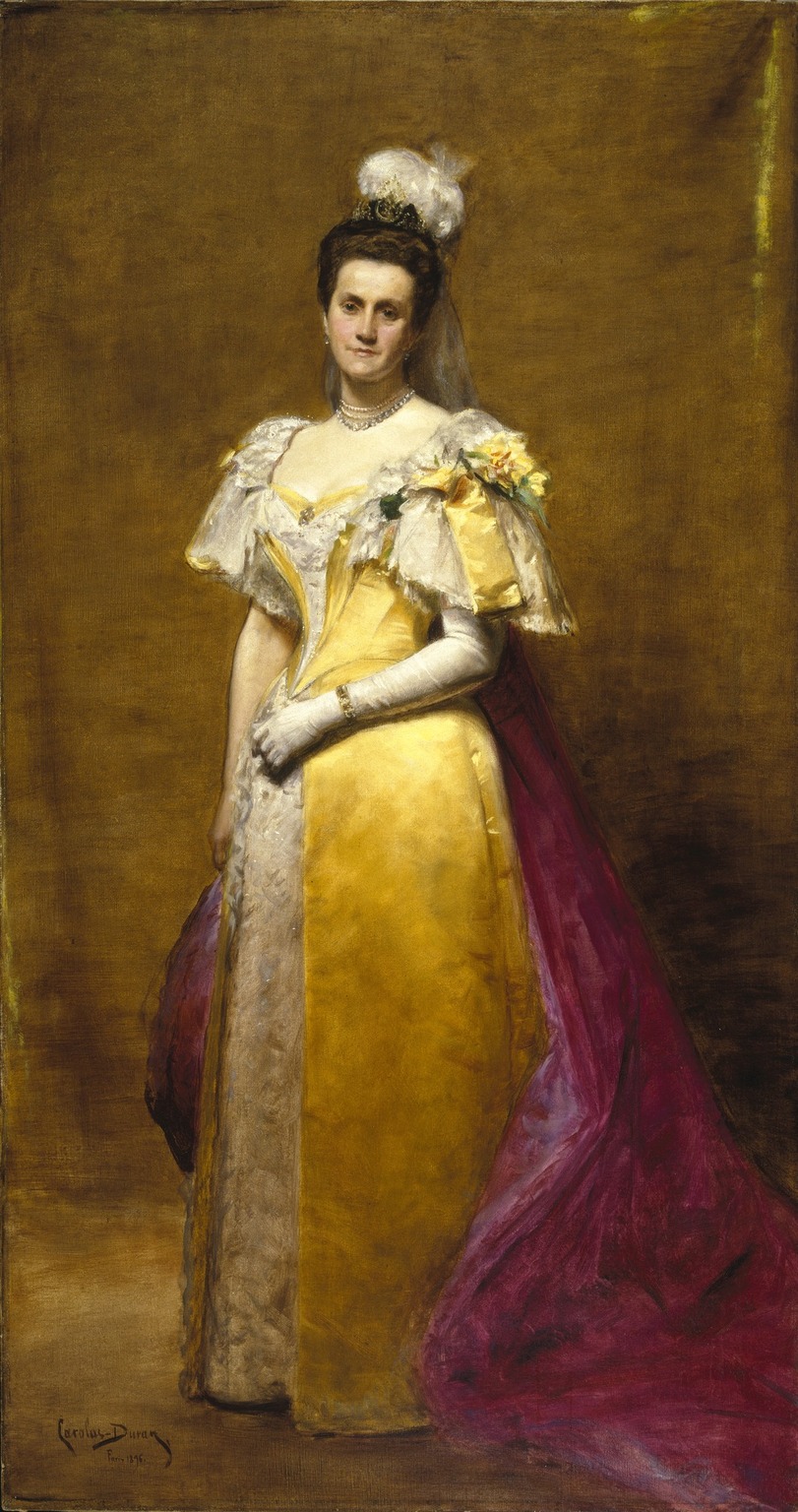A painting of a woman in a yellow dress posing. 