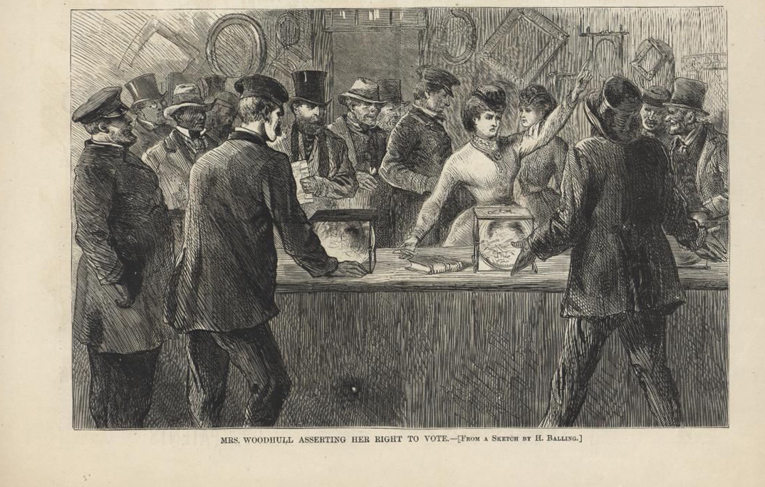 Engraving  of a cartoon featuring Victoria Hoodhull attempting to cast a ballot in a glass ballot box.