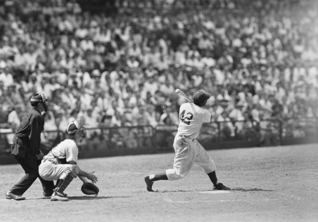 Frank Bauman [Jackie Robinson at bat] 1949